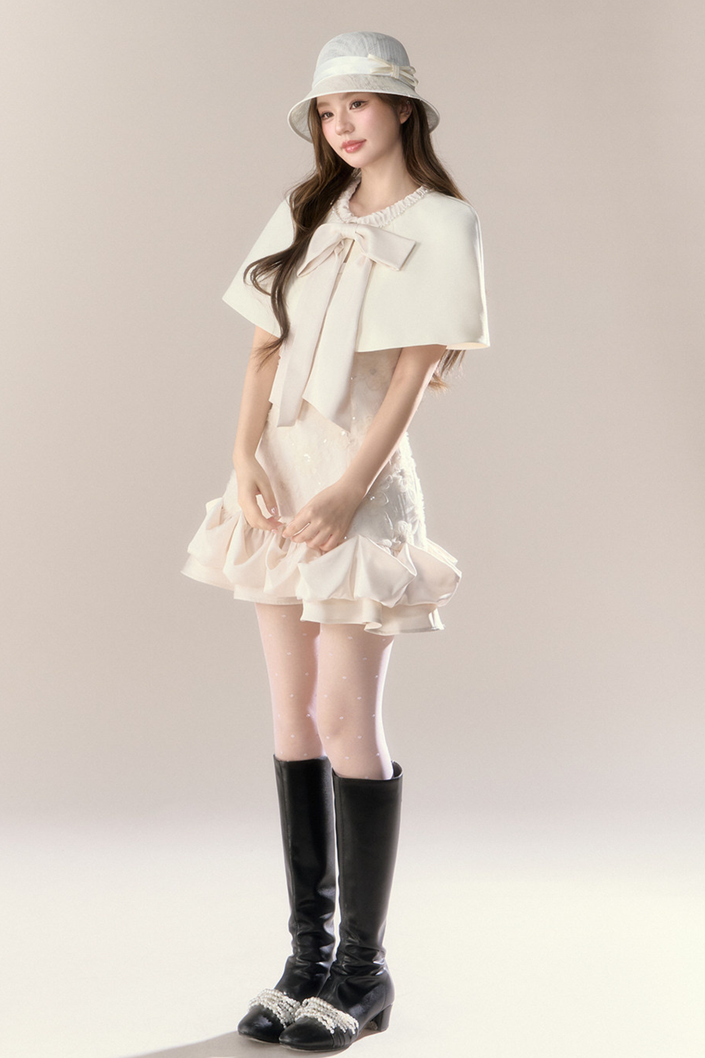 Ruffle Girly Pure Sleeveless Dress + Ribbon Cape