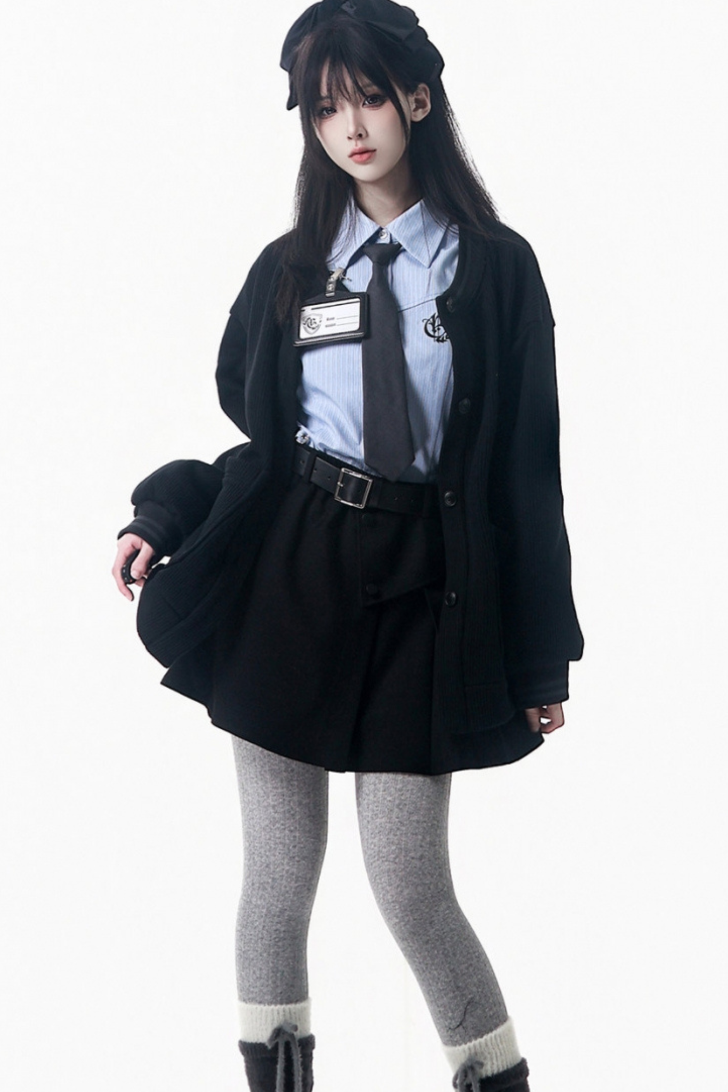 College Blue Shirt + Cardigan + Short Skirt + Long Skirt