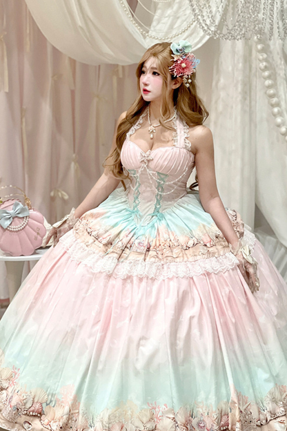 Gradient Bubble Halter Neck French Dress + Skirt