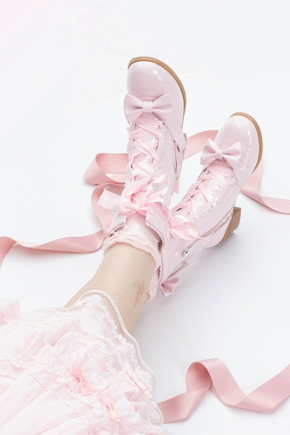Ribbon Lace Up Mid Calf Boots