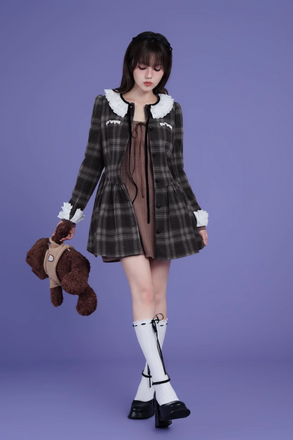 Lace Collar Wool Plaid Dress Coat