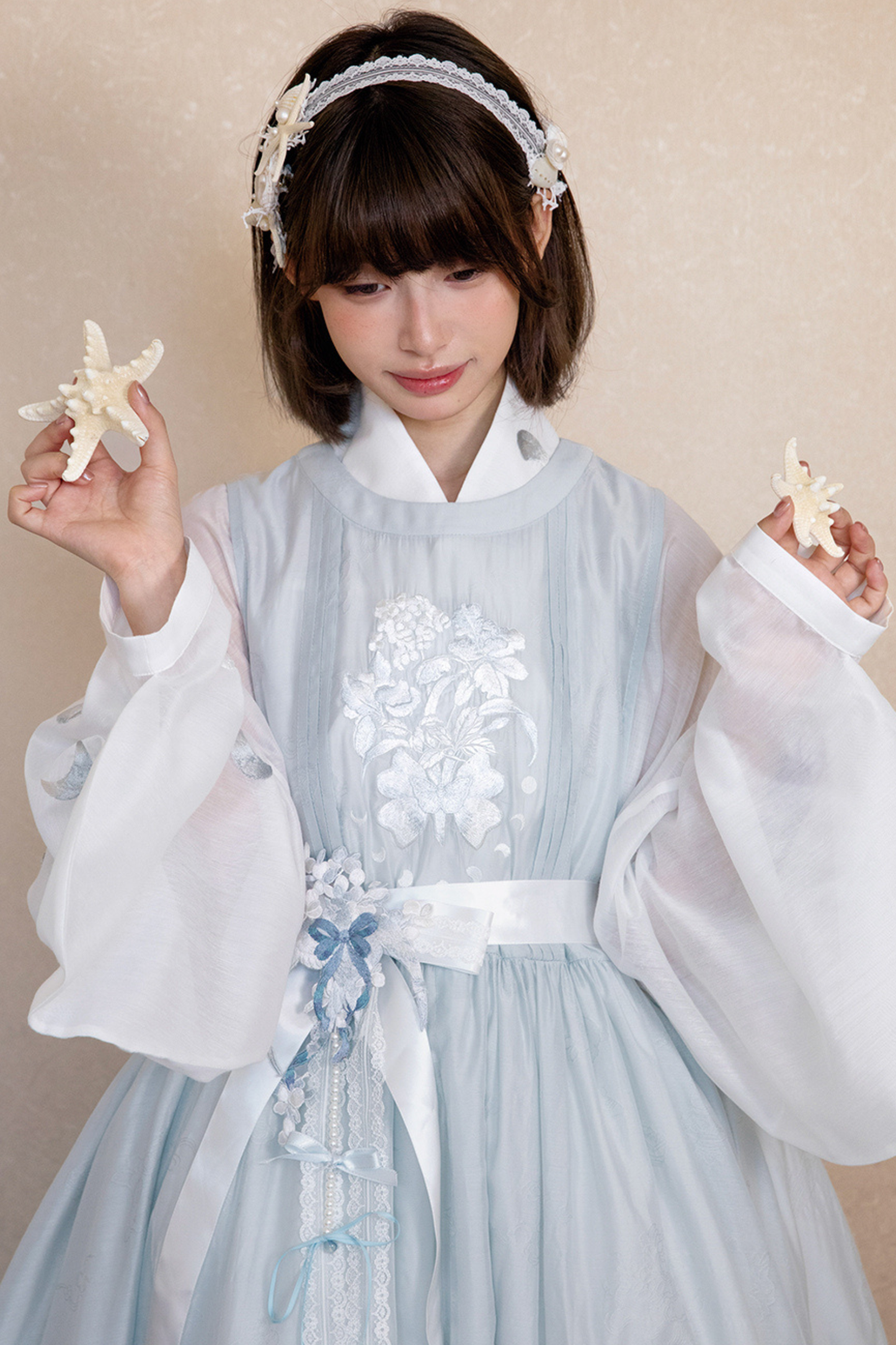 Pure White Chinese Dress + Cover Apron + Belt