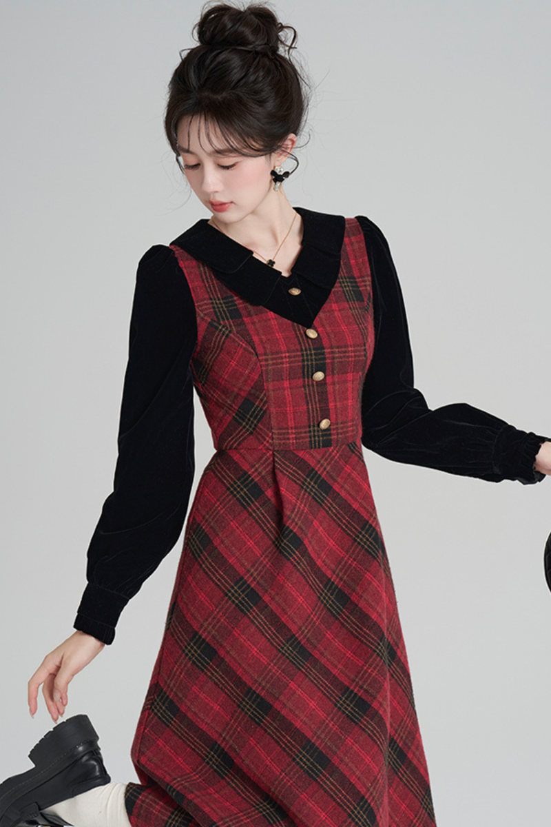 Red Retro Check Tweed Dress