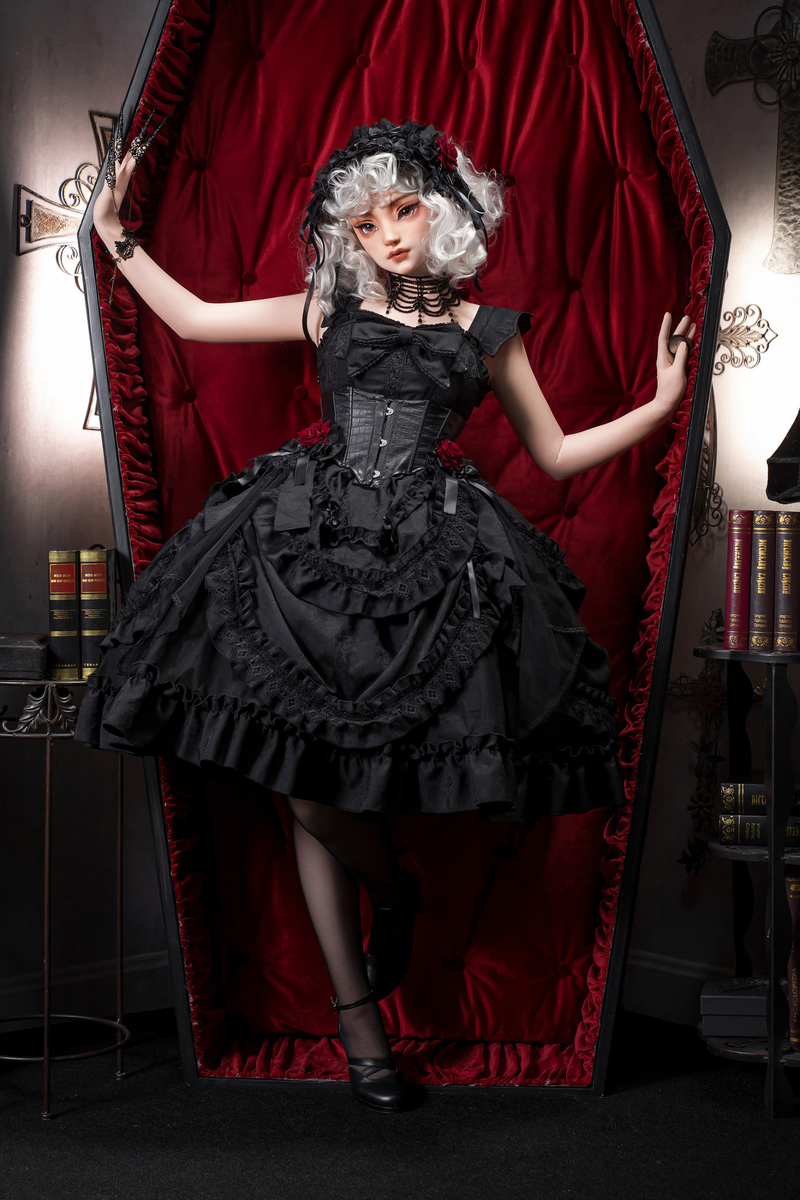 Dark Gothic Ruffle Lolita Dress + Waist Belt + Train + Hairband