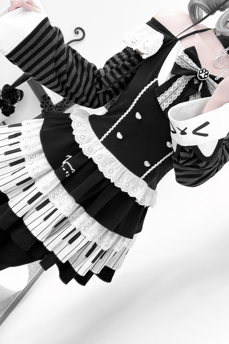 Dark Ruffle Top + Piano Skirt + Cat Sleeve