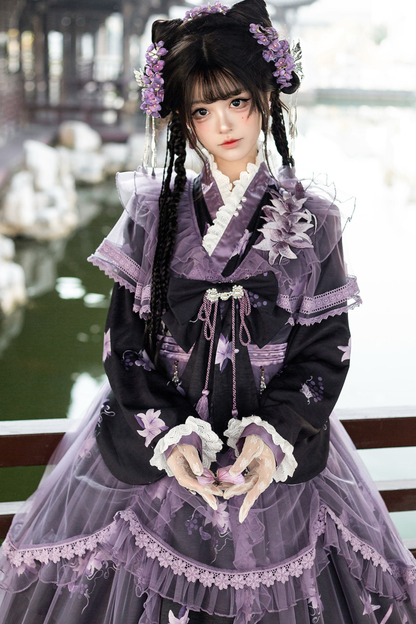 Dark Chinese-style Cross Collar Dress + Overdress + Skirt