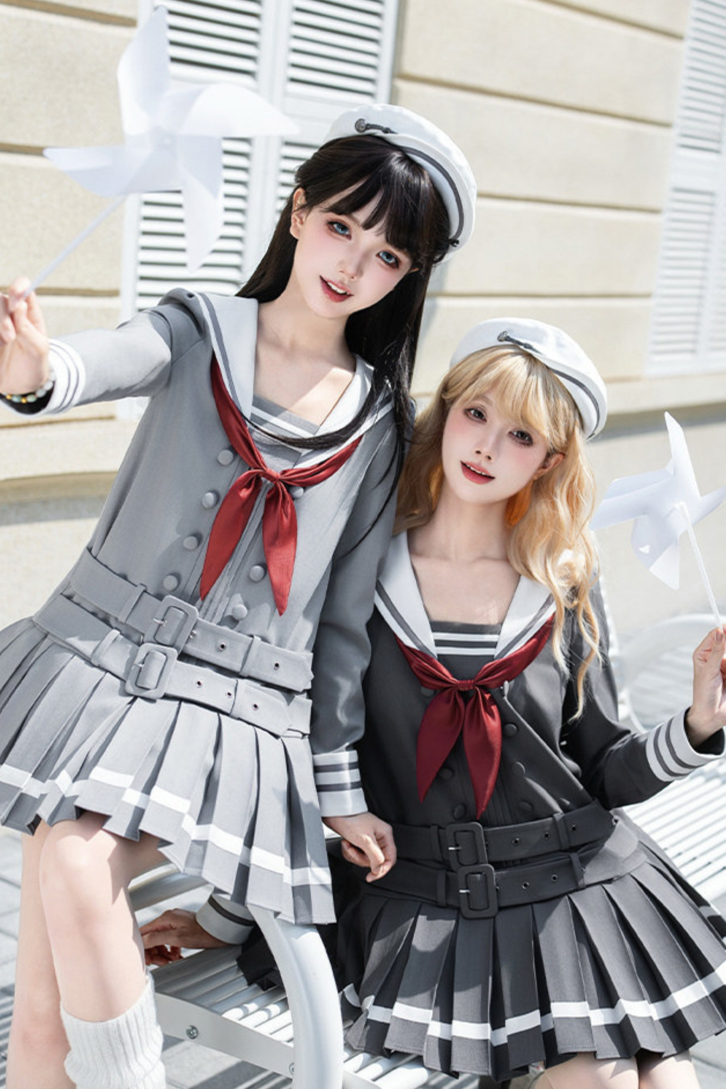 Sailor Collar Pleated College Dress + Ribbon + Hat