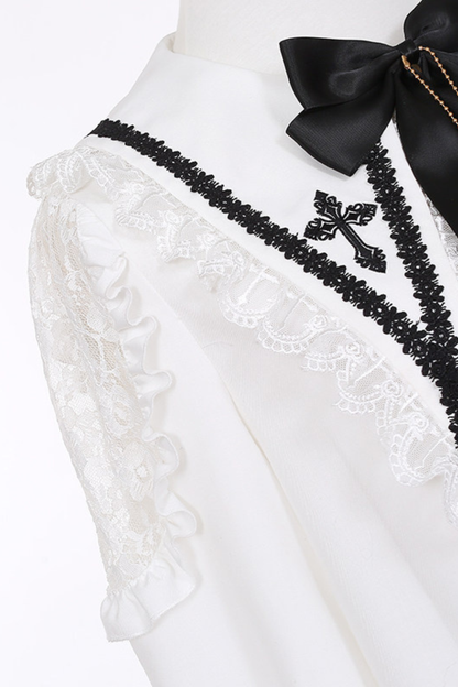 Holy Cross Flutter Sleeve Suspender Skirt + Shirt