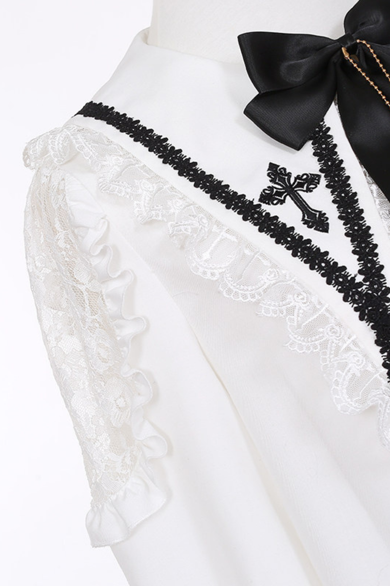 Holy Cross Flutter Sleeve Suspender Skirt + Shirt
