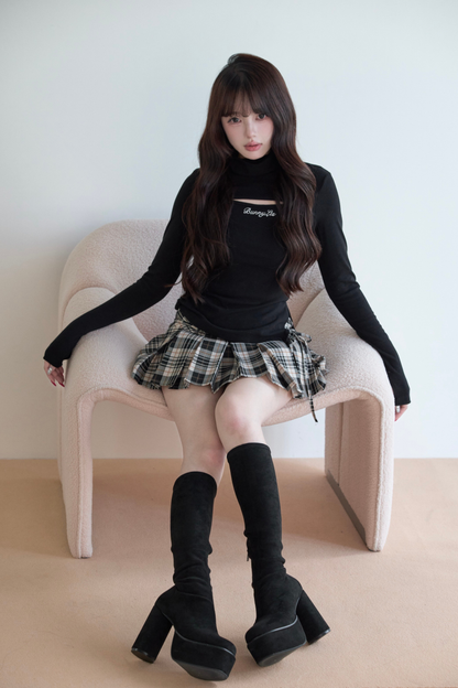 High Neck Knit Top + Plaid Skirt