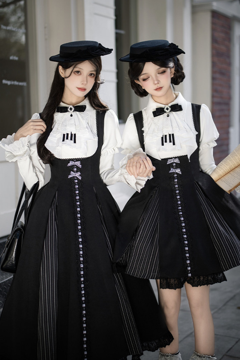 Sweet Lolita Flare Jumper Skirt + Tops + Hat + Ribbon + Collar