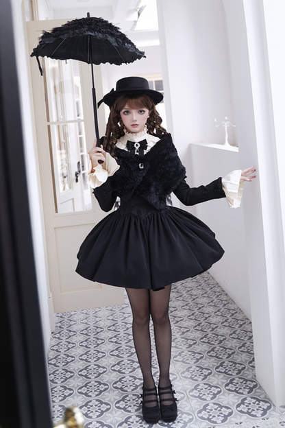 [pre-order] Dark Sweet Lolita Dress + Faux Collar + Necklace + Jacket + Ribbon + Sleeve + Fur Shawl