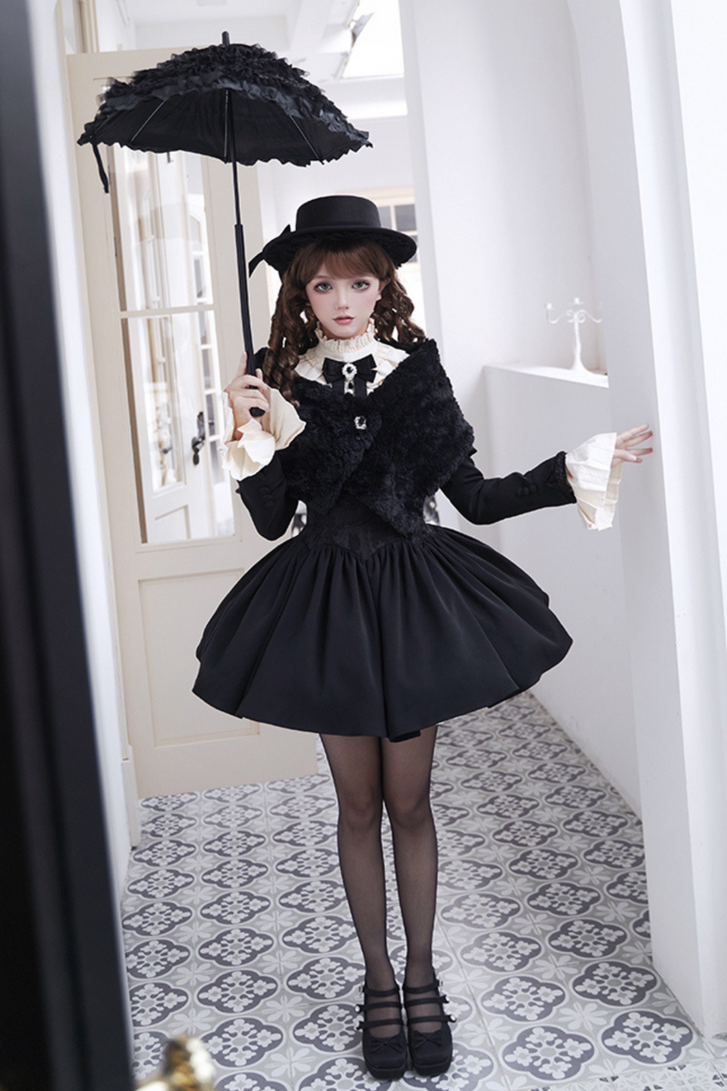 [pre-order] Dark Sweet Lolita Dress + Faux Collar + Necklace + Jacket + Ribbon + Sleeve + Fur Shawl