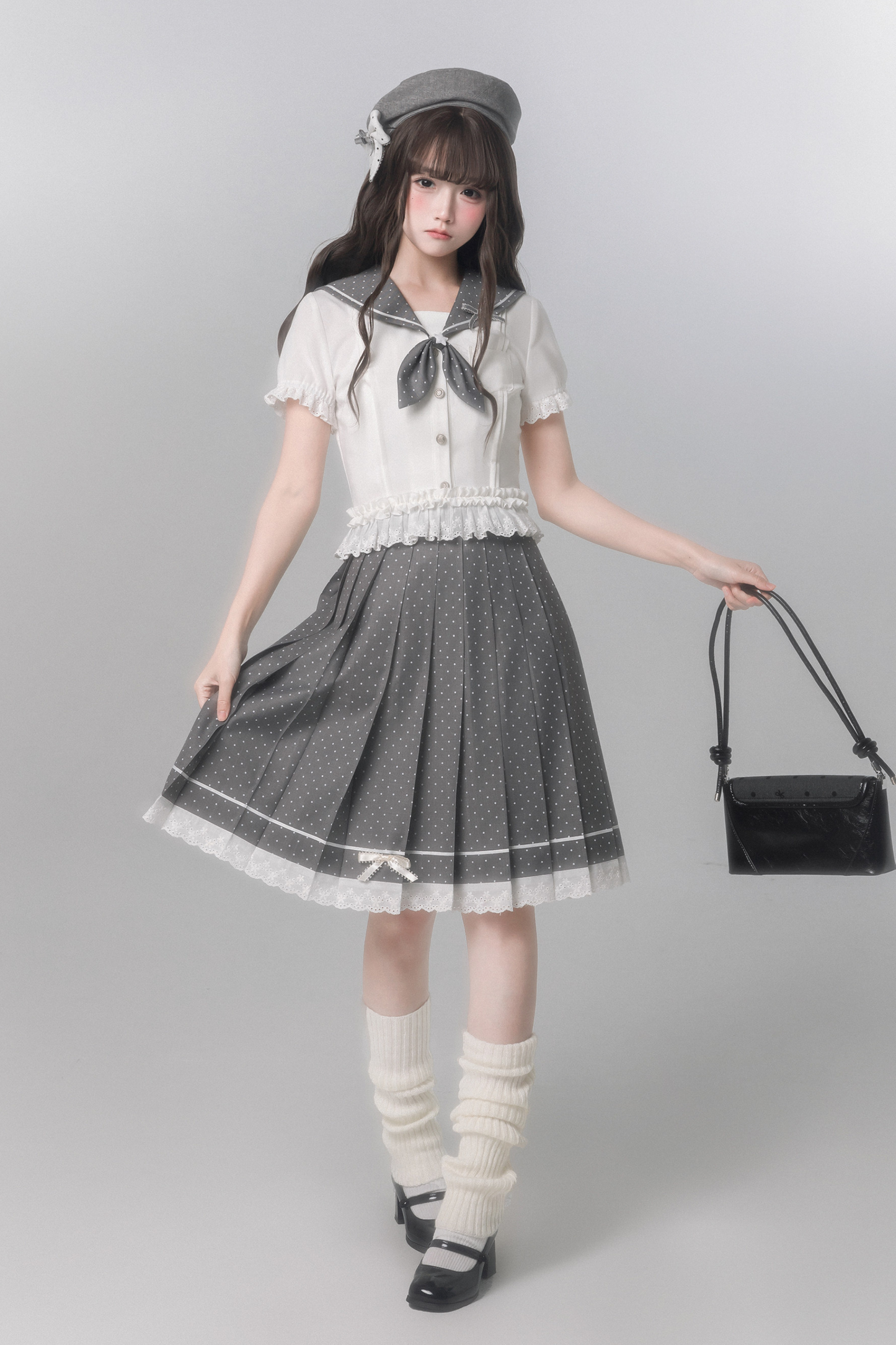 Sweet College Style Top + Polka Dot Pleated Skirt + Bow Tie