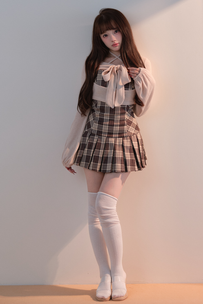 Checkered Dress + Short Knit Top