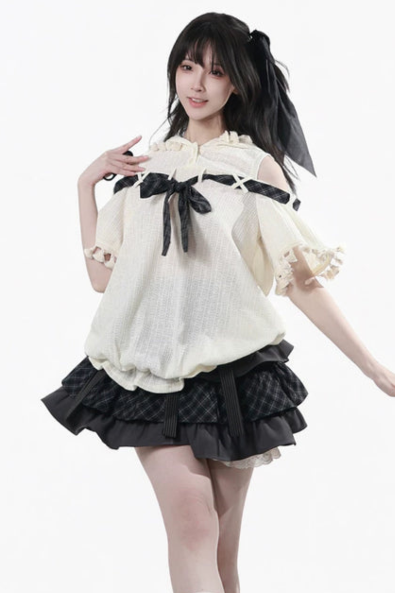 Off Shoulder Hoodie Top + Ruffled Top + Tiered Skirt + Camisole