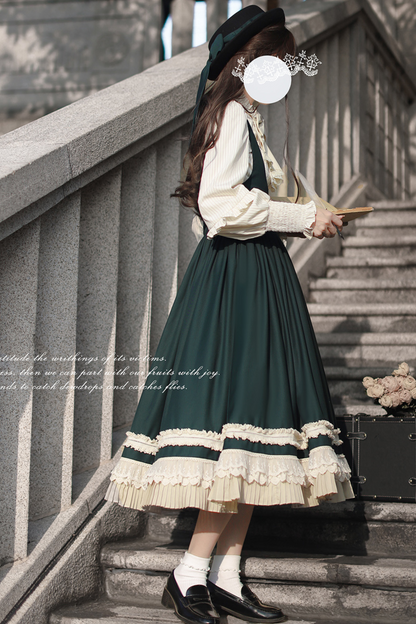 [pre-order] Retro Academia Jumper Skirt + Striped Shirt + Hooded Cape + Short Jacket + Collar + Brooch