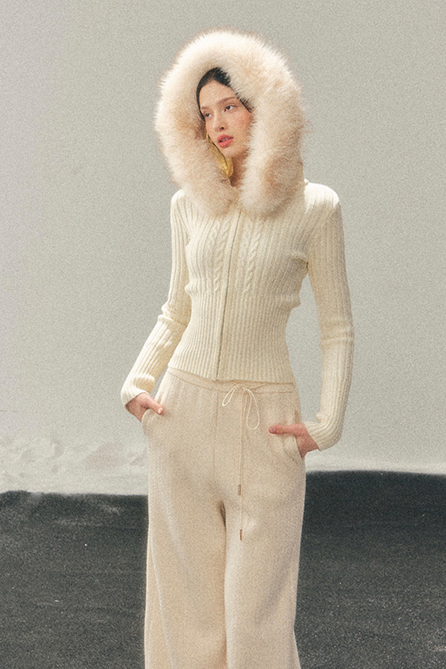 Fur Hood Knit Sweater Zip Top