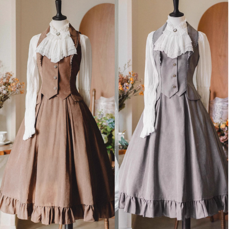 Classical Retro Blouse + Colored Vest + Flared Long Skirt