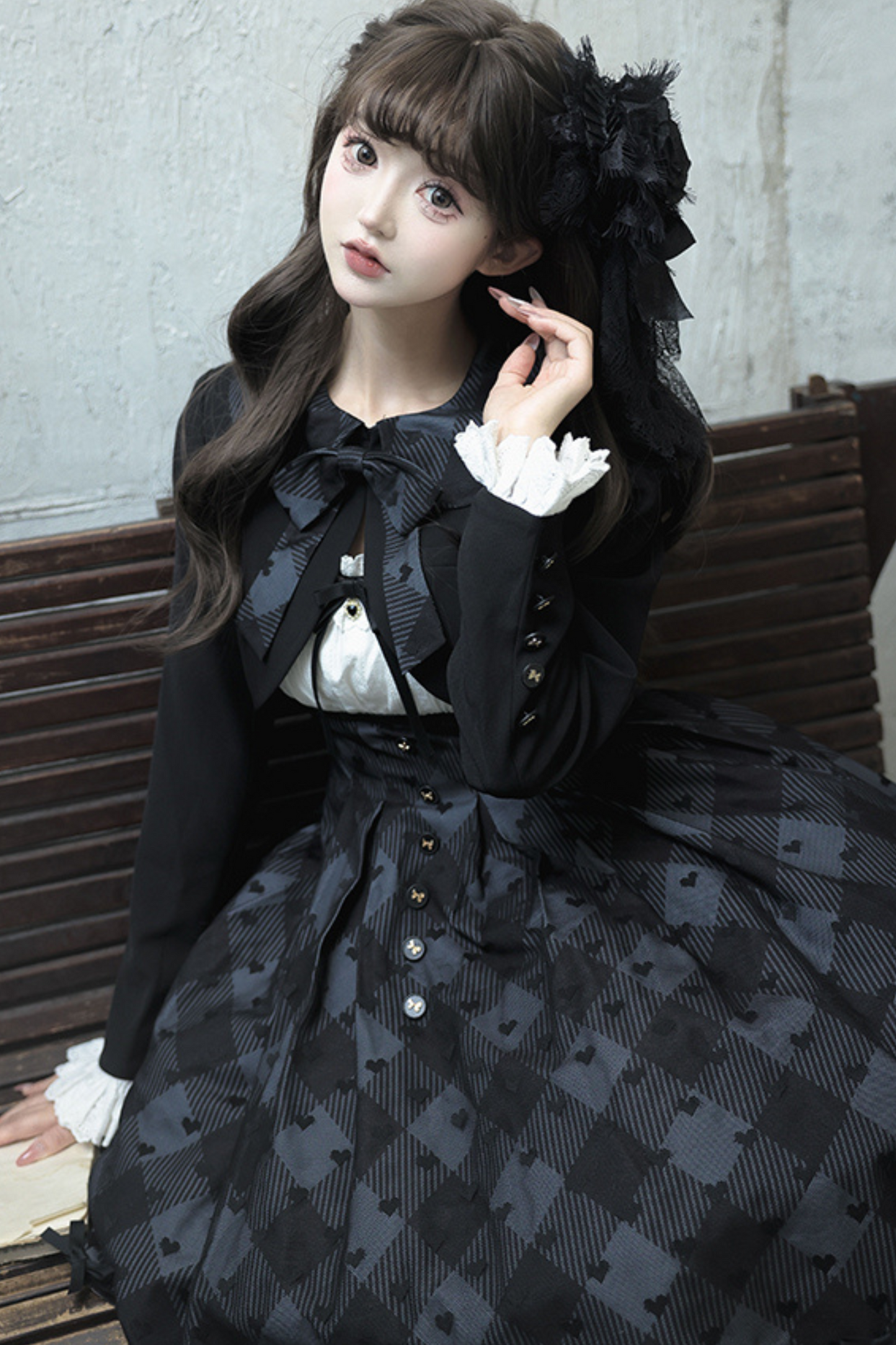 Silent Manor Dark Lolita Princess Jumper Skirt + Ribbon Collar Ruffle Jacket