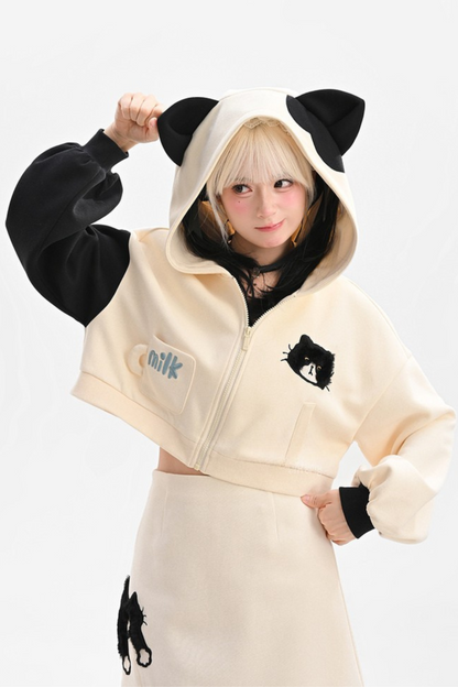 Cat Ear Hooded Short Parka + Camisole + Skirt