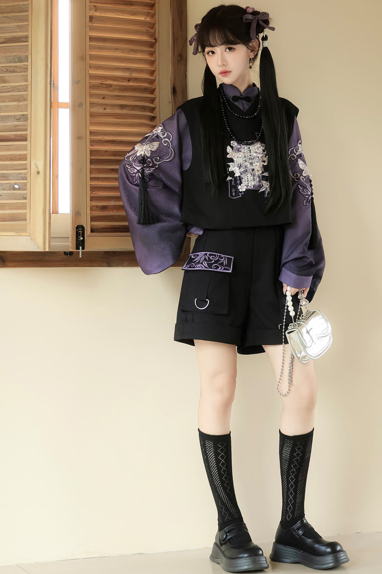 Dark Chinese-style Top + Vest + Shorts + Necklace