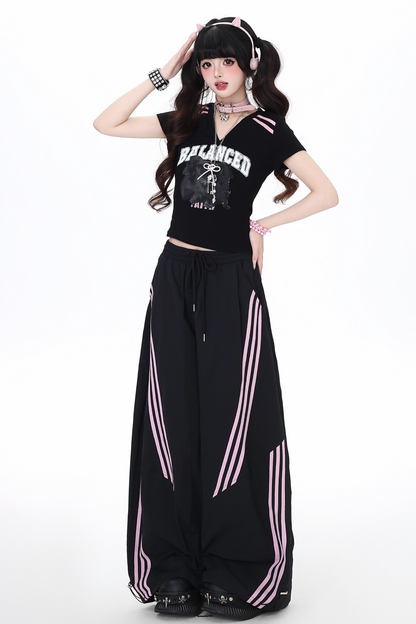 Hot Girl V Neck Black and Pink Top