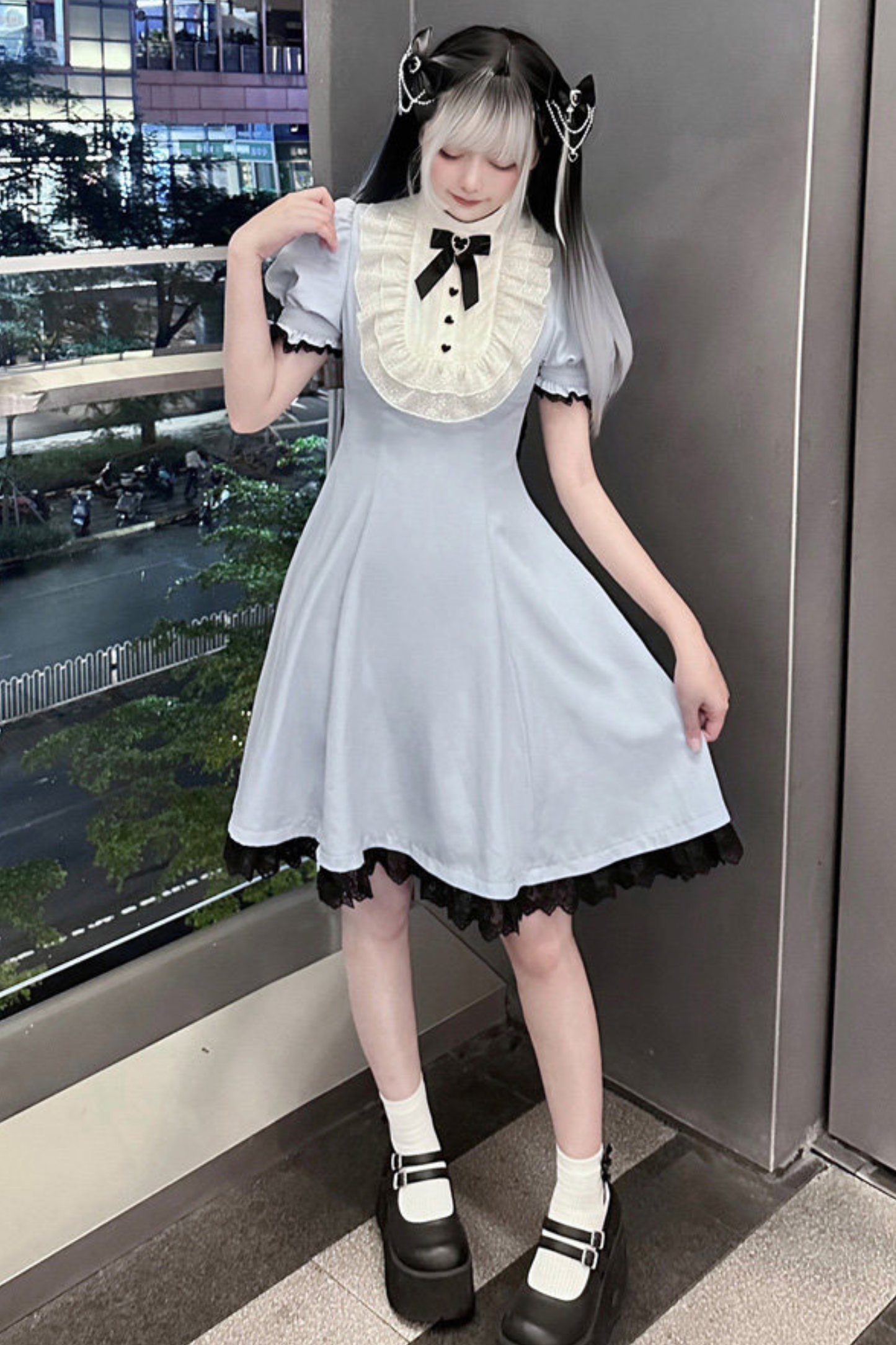 Lace Puff Sleeve Dress + Ribbon Clip