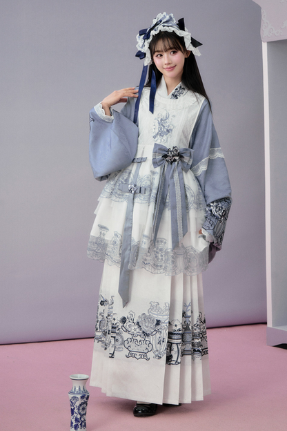 Chinese-style Jacket + Skirt + Overskirt + Ribbon + Brooch + Headband