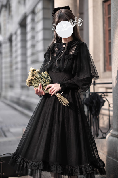 Dark Black Dot Gauze Shawl Dress
