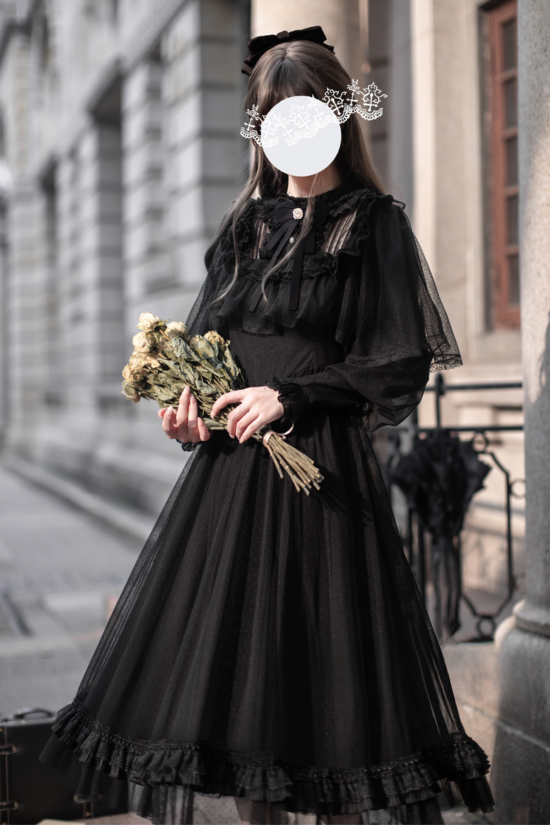 Dark Black Dot Gauze Shawl Dress