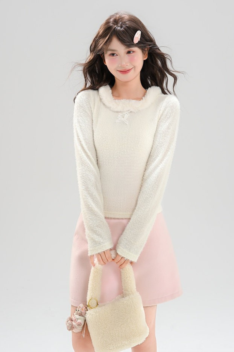 Sweet Ribbon Fur Knit Top