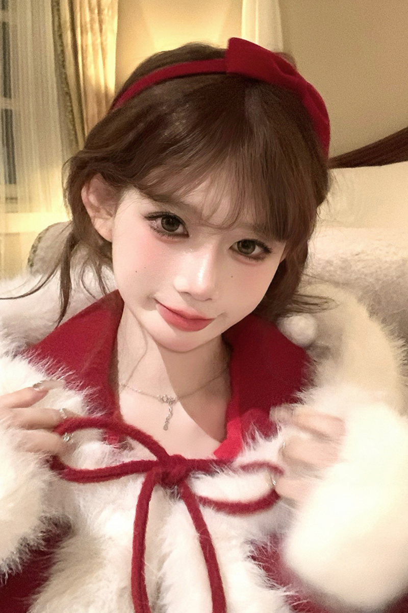 Red Velvet Cake Fur Coat + Suspender Skirt + Sleeves