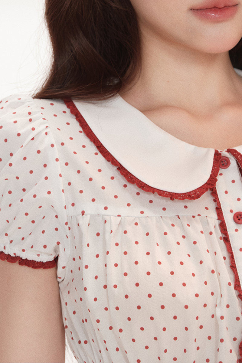Polka Dot Puff Sleeve Doll Shirt + Ribbon Balloon Skirt Pants