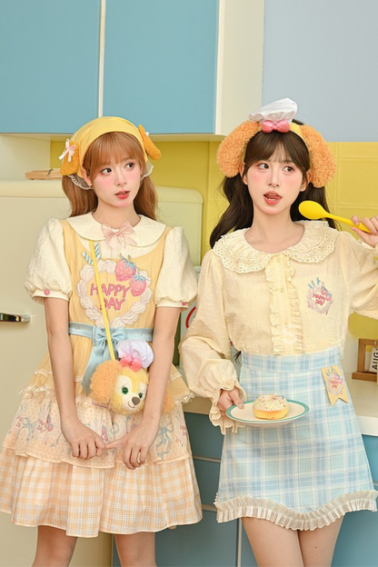 [pre-order] Strawberry Shortcake + Plaid High Waist Skirt + Custard Cardigan