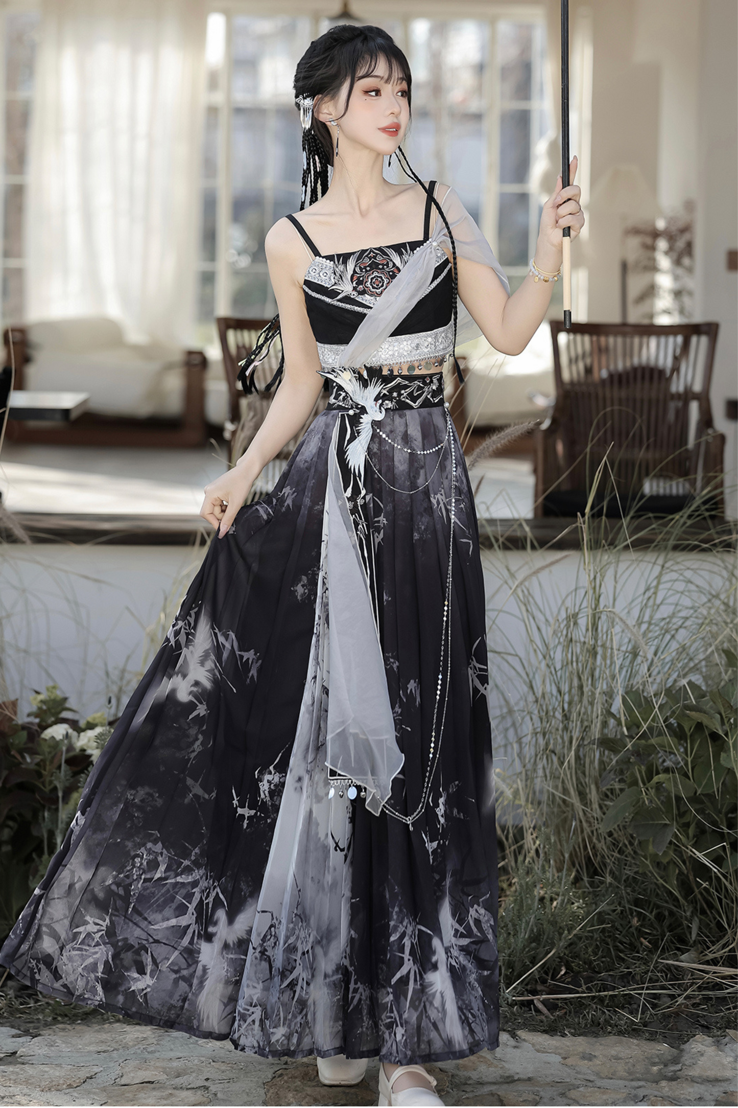 Retro Dark China Skirt + Camisole + Sheer Coat