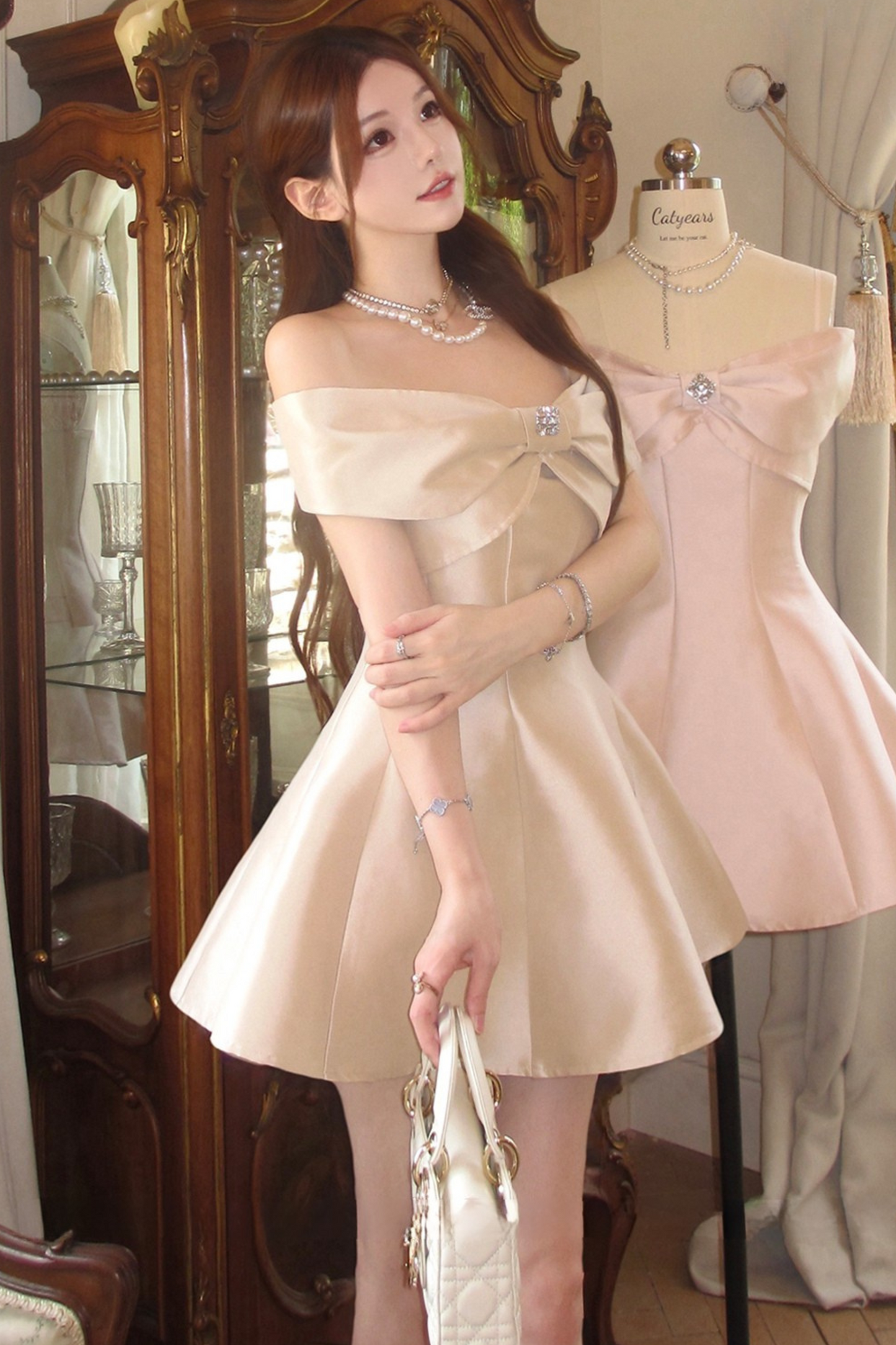 Off Shoulder Ribbon Short Flare Dress + Long Flare Dress