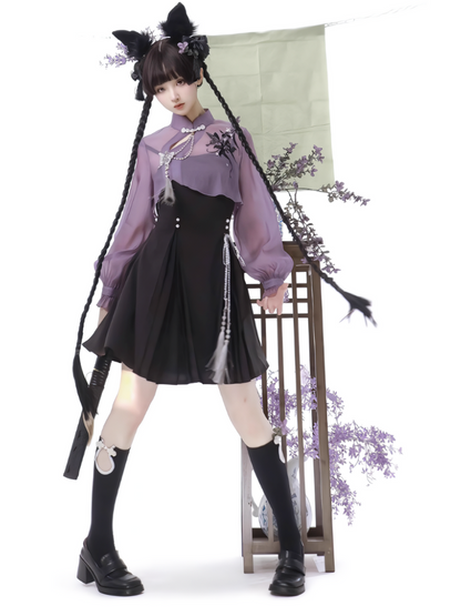 Chinese-style Embroidery Short Top + Suspender Skirt Suit