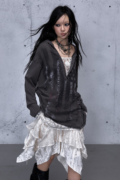 Lace Patchwork Loose Hooded Hoodie