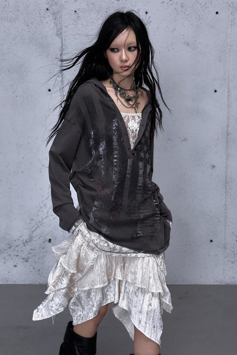 Lace Patchwork Loose Hooded Hoodie
