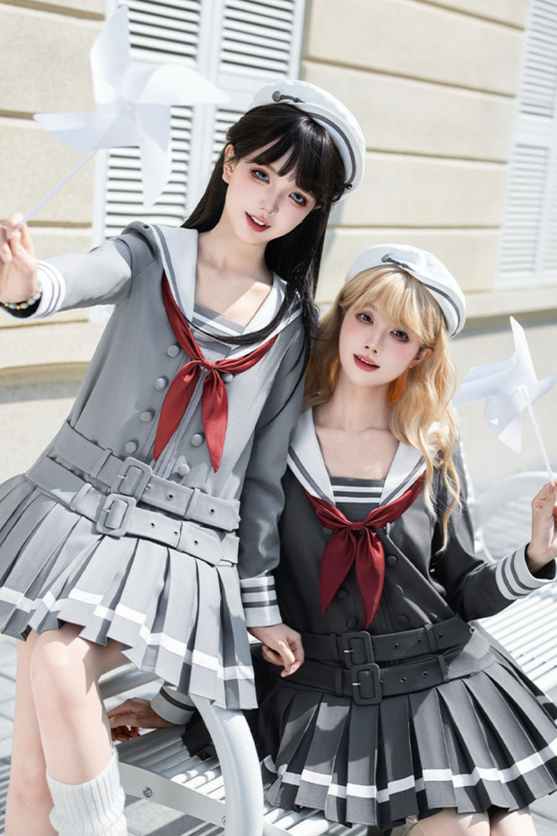Sailor Collar Pleated College Dress + Ribbon + Hat