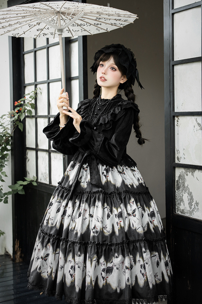 Butterfly Print Swing Lolita Dress + Jumper Skirt + Hairband + Innerwear + Ribbon