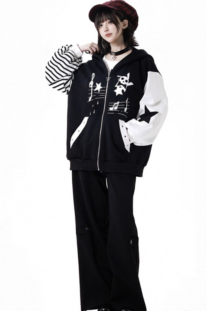Striped Rock Print Hoodie Jacket + Tops + Long Pants + Skirt