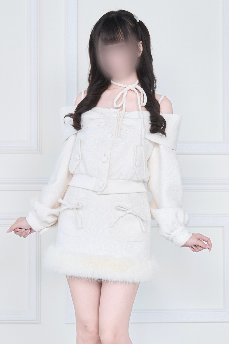 Off-the-shoulder Ribbon Top + Fur Skirt