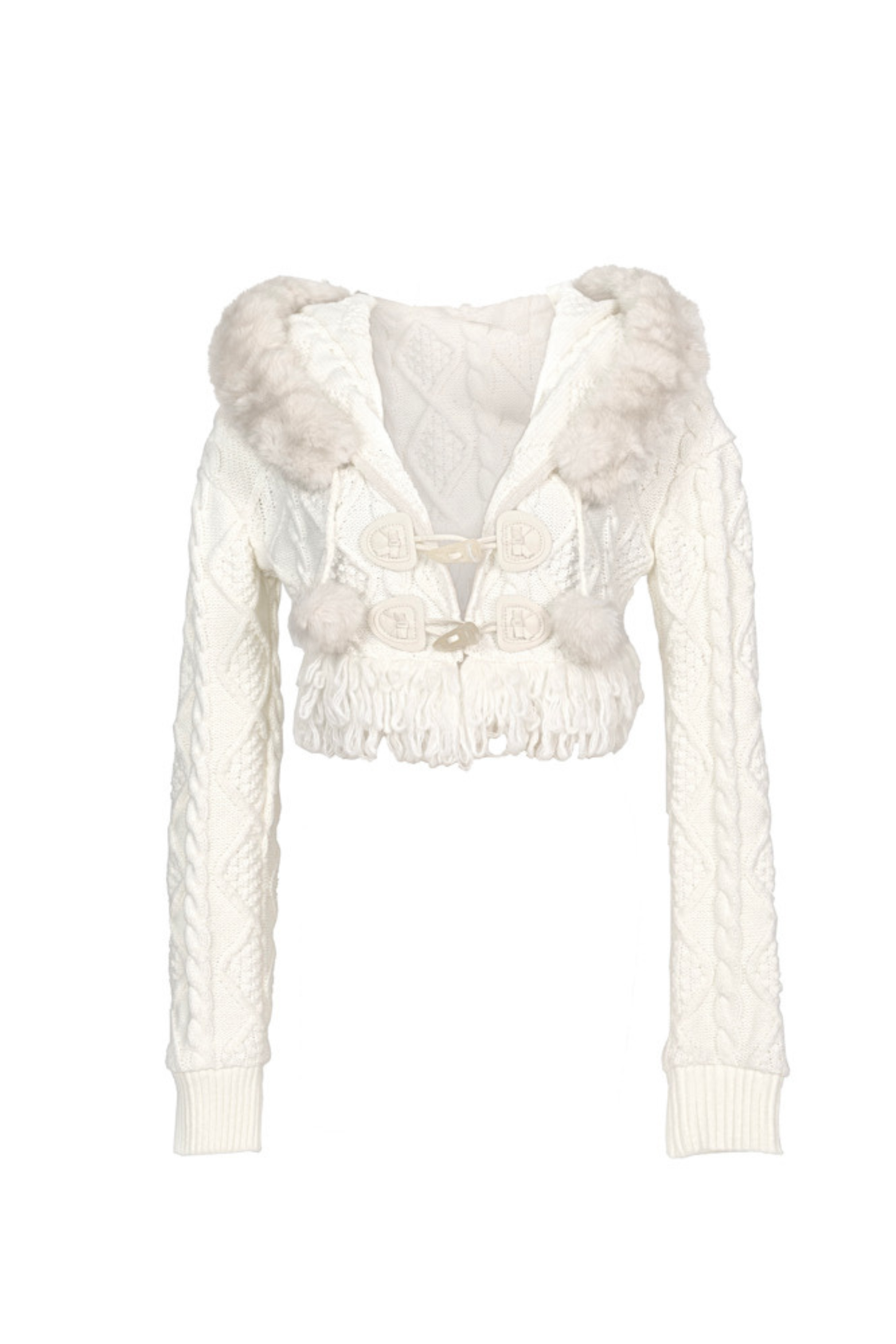 Fur Hooded Cable Knit Cardigan + Fur Hat
