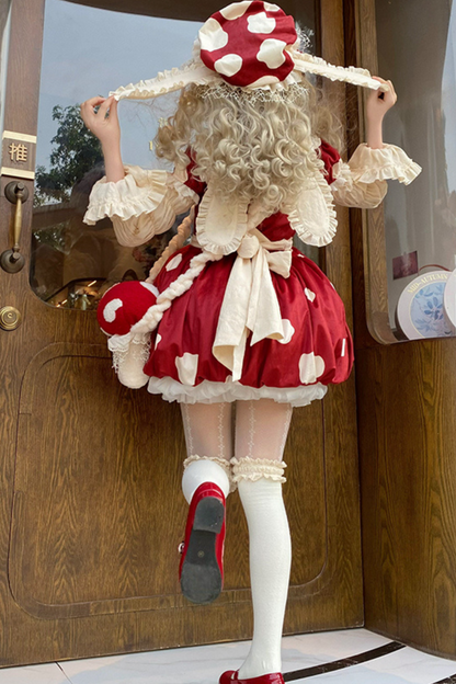 Mushroom Doll Dress + Ribbon Ruffle Apron + Ruffle Sleeves + Bunny Ear Hat