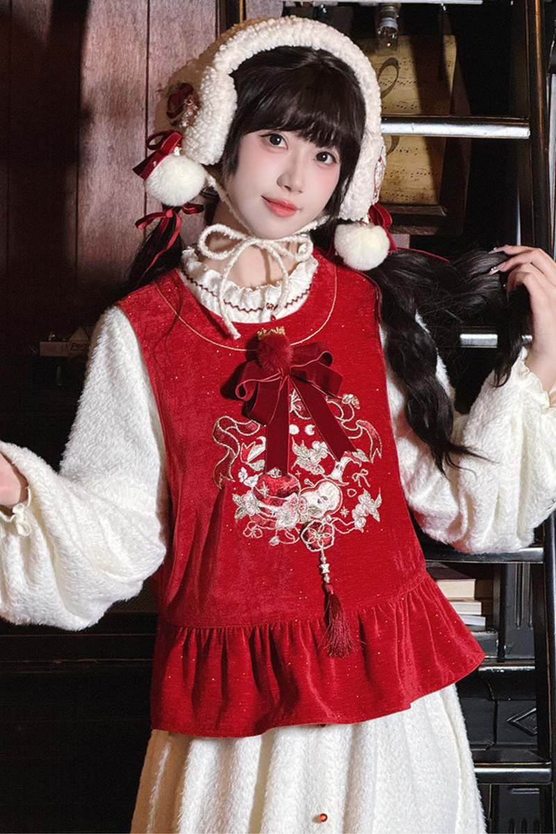 Chinese-style Dark Red Vest + Dress + Ear Cuffs