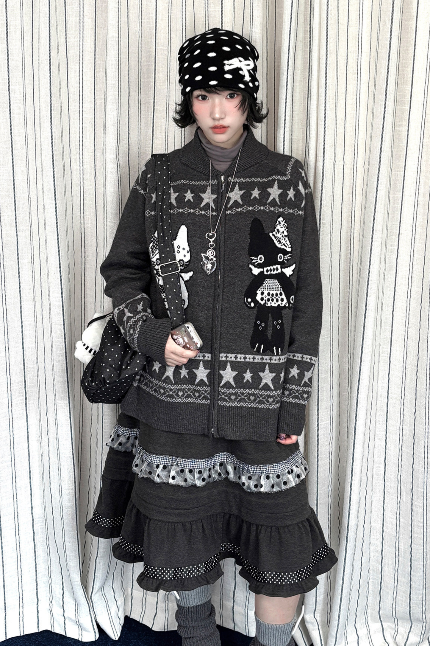 Y2k Jacquard Cardigan + Flared Skirt
