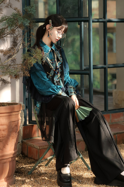Ruan Chinese-style Top + Vest + Wide Leg Pants + Necklace