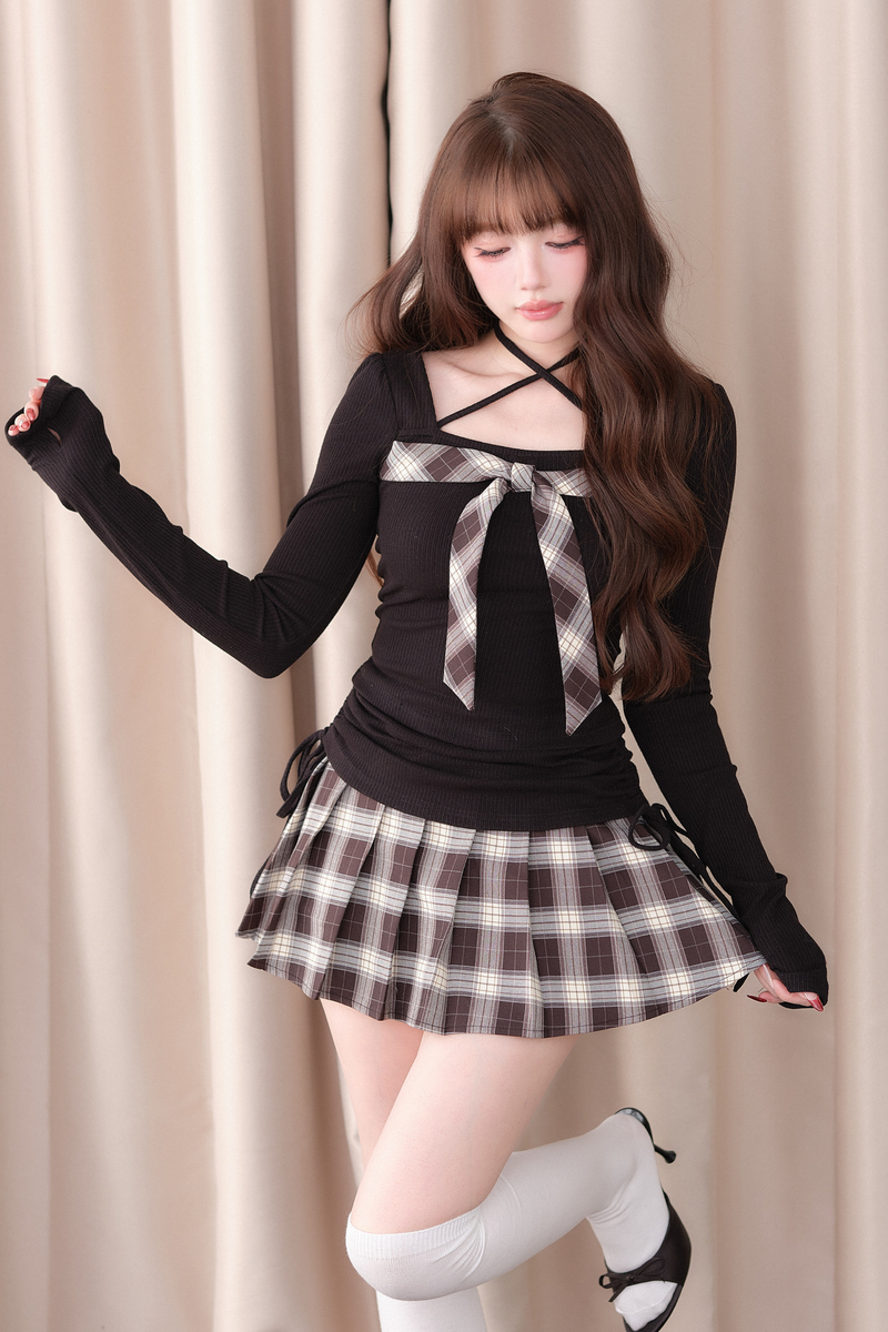 Check Ribbon Knit Top + Check Skirt